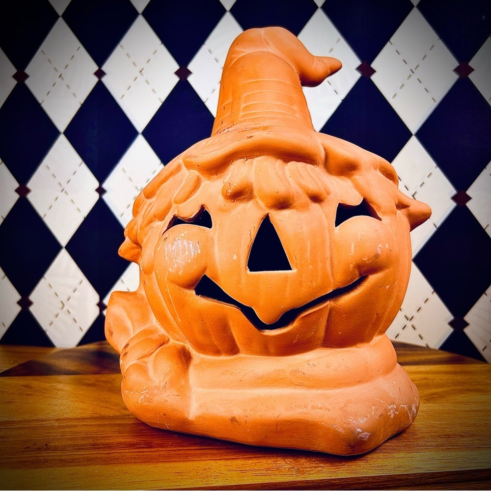 Large Terracotta Jack O‎ Lantern Scarecrow Pumpkin Candle Holder Witch Hat